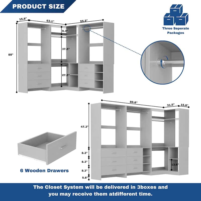 Cimly Set of 3 Freestanding Corner Closet System, Space-saving Closet Organizer for Walk-in/ Reach-in Closet