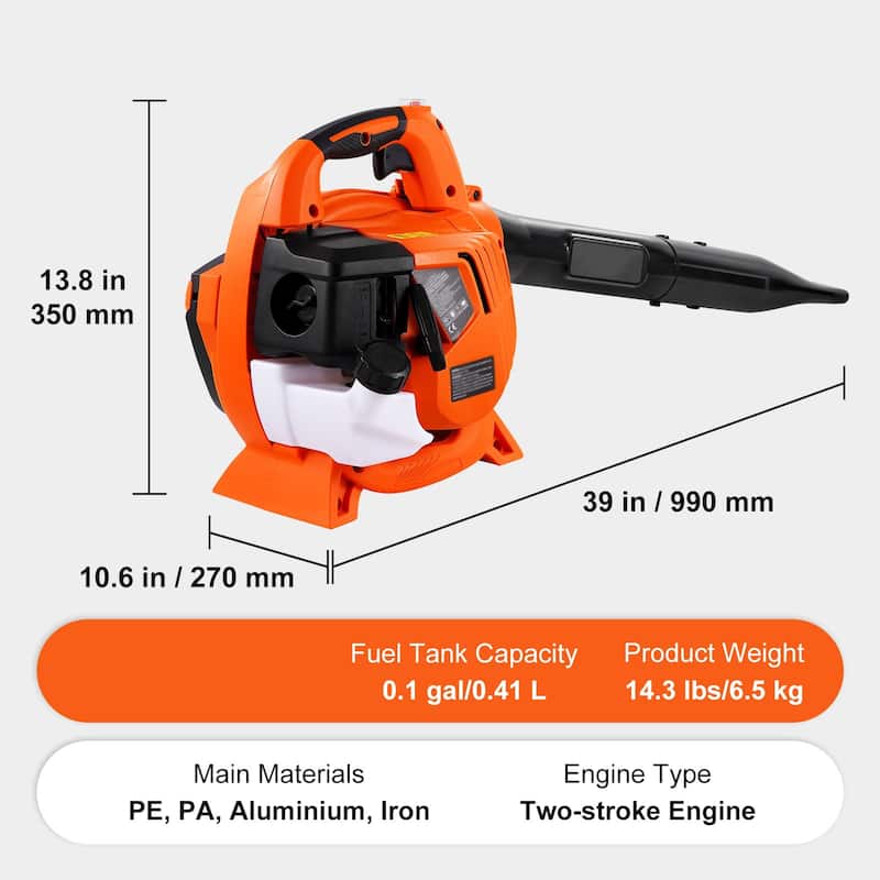 Orange 2-Cycle Handheld Leaf Blower with A Fuel Tank Ideal for Lawn Yards or Any Outdoor Paths - 39"x10.6"x13.8"