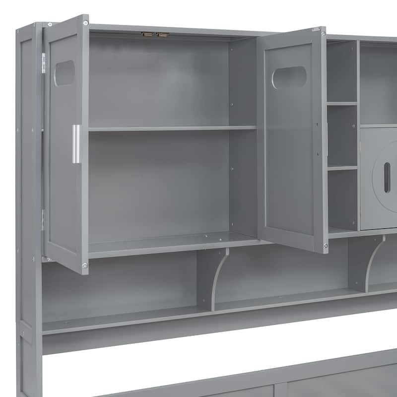 Gray Twin Size Wooden Daybed with Drawers and Cabinet