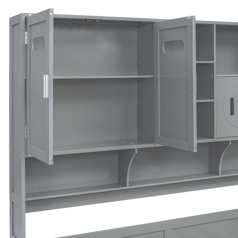 Twin Size Gray Wooden Daybed with 2 Drawers, Cabinet, and Shelf