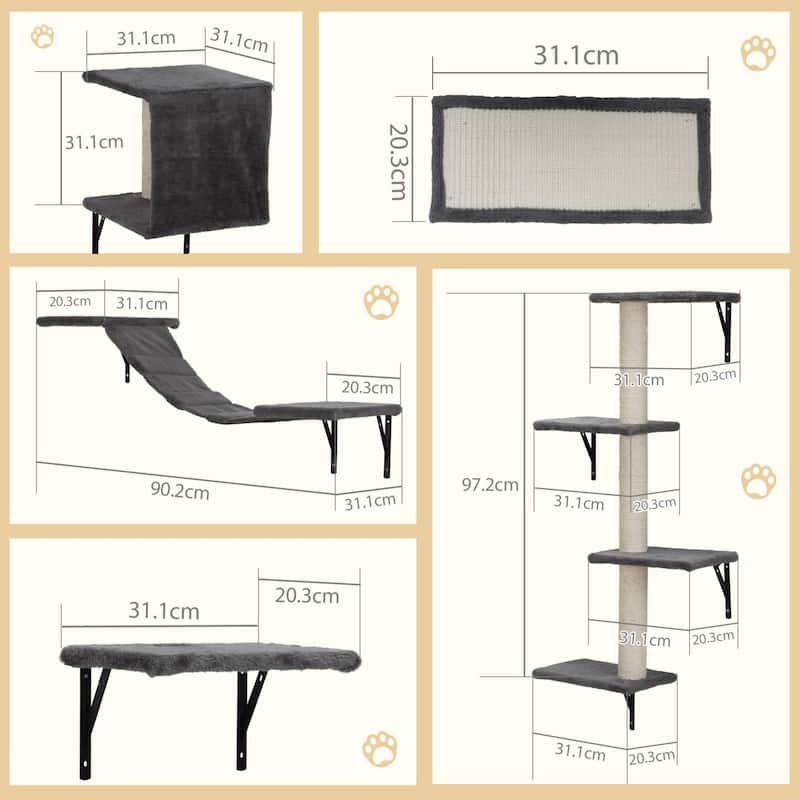 5-Piece Wall-Mounted Cat Tree with Condo, Perches, Bridge & Scratcher