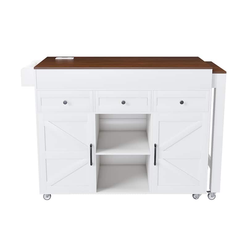 74.8"Kitchen Island with Extendable Dining Table & Power Outlet-Rolling Storage Cart on Wheels with 3 Drawers & 2 Door Cabinet