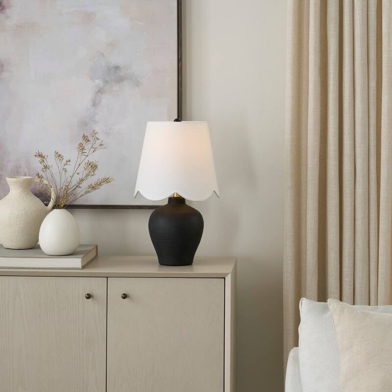 Nourison 18" Small Black Ceramic Table Lamp with White Scallop Shade