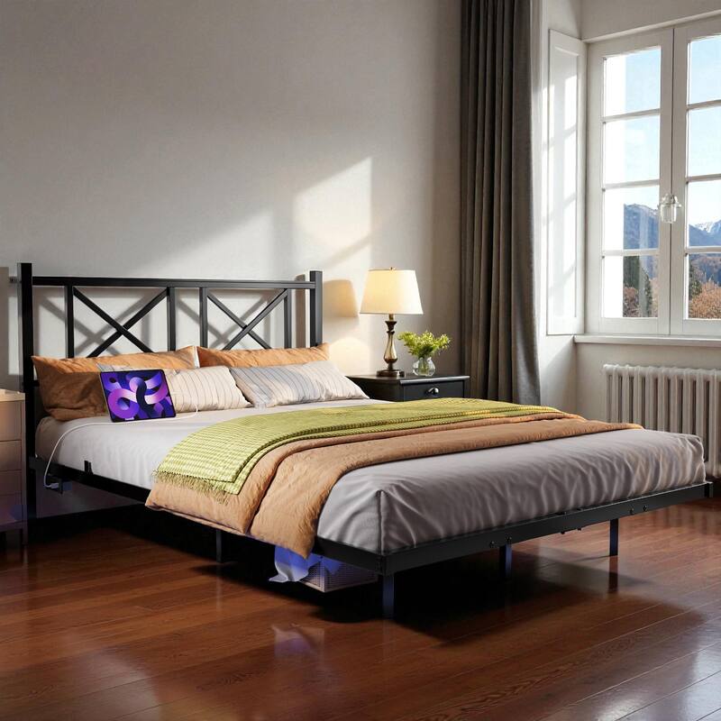 Full/Queen Floating Platform Bed Frame with LED Lights, USB Charging Station, Storage Headboard, Heavy-Duty Steel Slats - Black - Queen