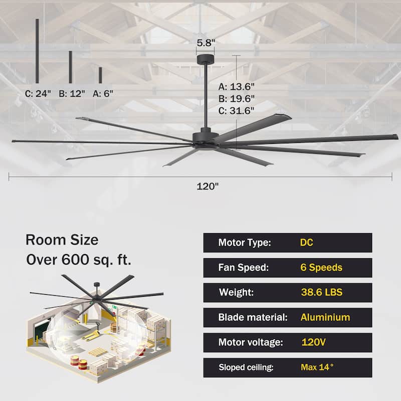 72"/84"/96"/120"/144" Extra Larger HVLS Commercial Ceiling Fan with Remote and Aluminum Blades