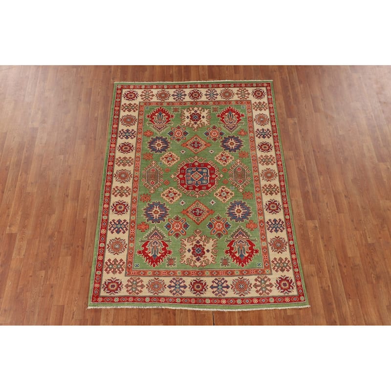 Traditional Green Kazak Oriental Area Rug Hand-Knotted Wool Carpet - 4'11" x 6'9"