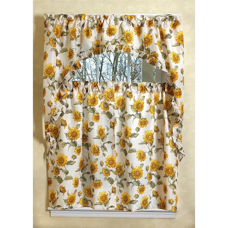Violet Linen Classic European Sunflower 3pc Set 60" x 18" Valance, 30" x 36" Tiers, Decorative Window Kitchen Curtain Set - 1-Valance and 2-36" Tiers - Sunflowers