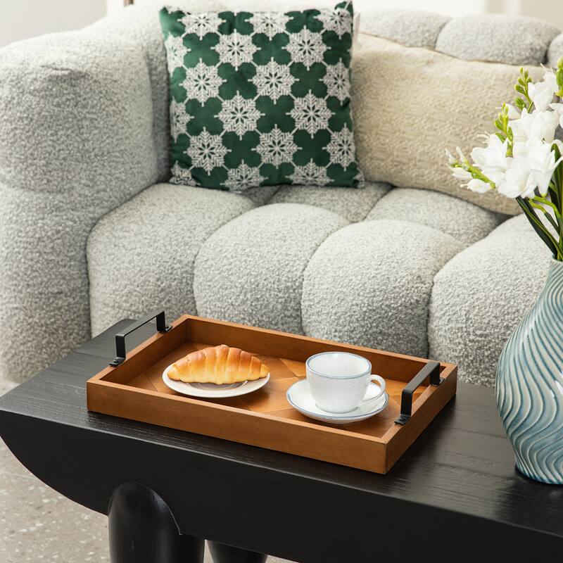 Glitzhome Set of 2 Rectangle Wood Abstract Carved Decorative Trays with Handles