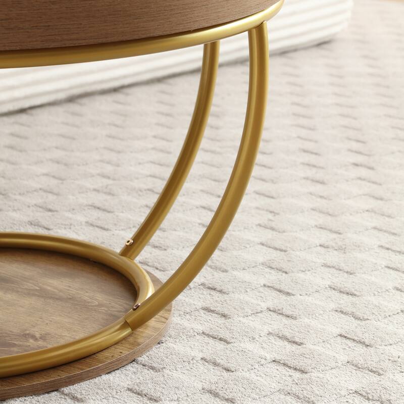 31" Round Industrial Coffee Table with 2-Tier Storage Shelves, Modern Wood & Golden Metal Accent Center Table