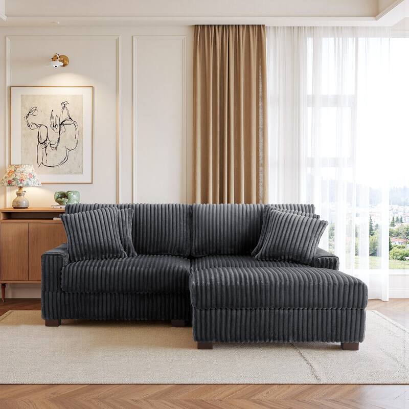 79" W Upholstered Plush Corduroy Sectional Modular Sofa with Ottoman - Grey