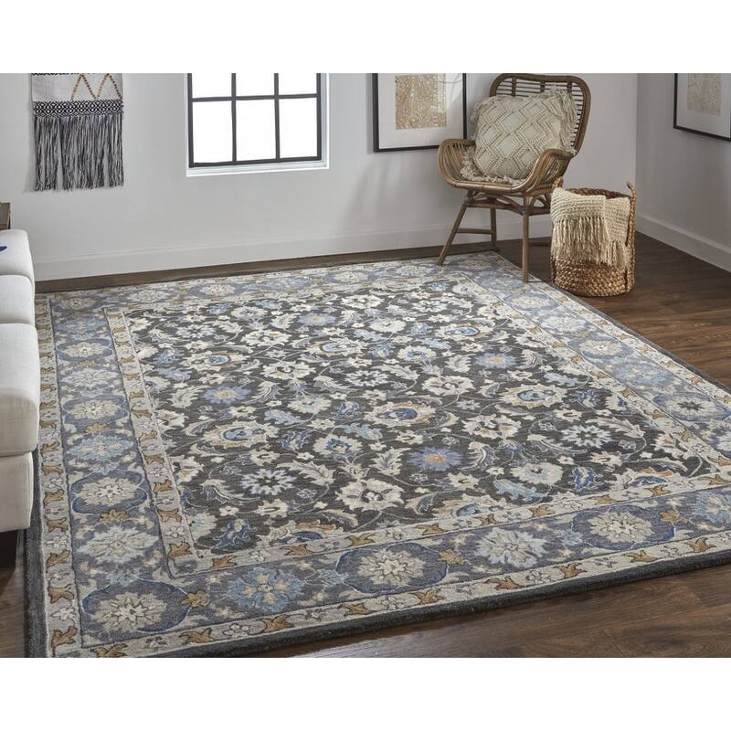 2' X 3' Taupe Blue And Ivory Wool Floral Tufted Handmade Stain