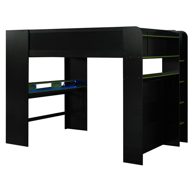 Full Size Wood Bunk Bed with height-adjustable Desk,Wardrobe,Ample Storage Space,and RGB Light