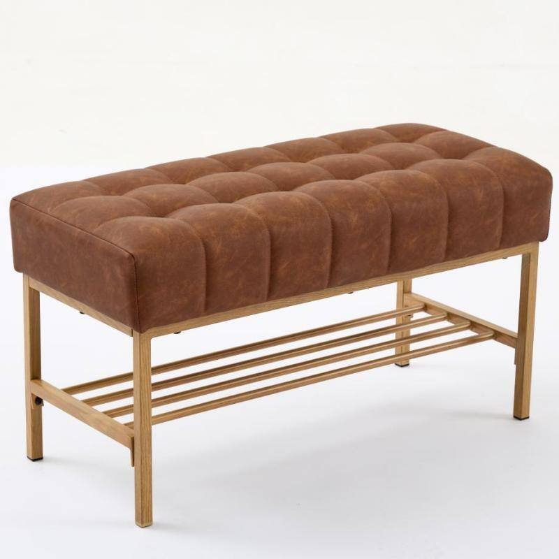 End of Bed Bench with Shelf, Retro leather Upholstered Storage Shoe Bench, Bedroom Bench with Metal Legs for Dining Room, 300 LB