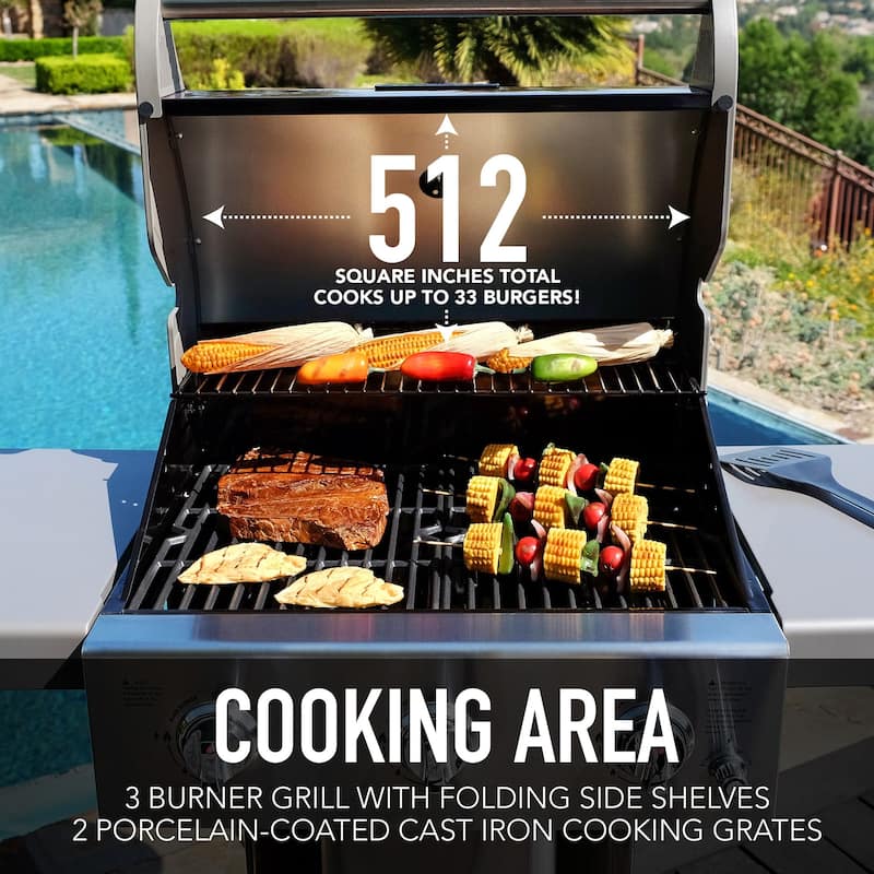 Permasteel 3-Burner Propane Gas Grill with Foldable Side Shelves