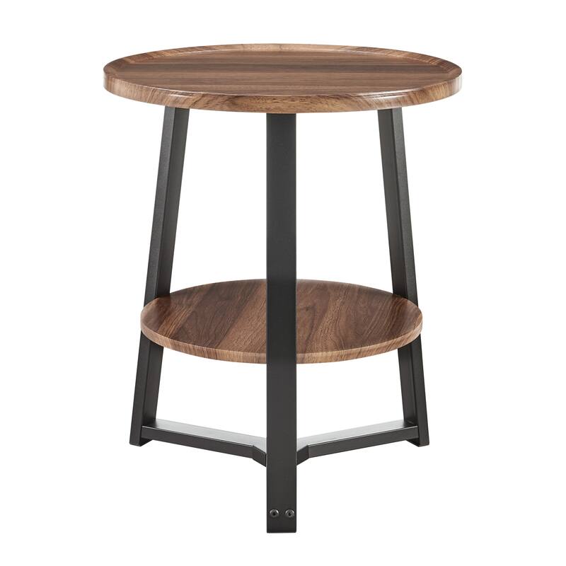 Mason Round 2-Tier Side Accent Table with Raised Lip Edge Tabletop and Mid-century Modern Crossed Metal Bold Pedestal Legs