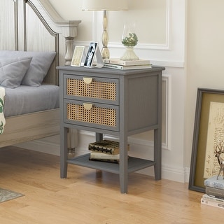 Nightstand Rattan Drawer Sofa Side Table W/ Semi-circular Metal Handle ...