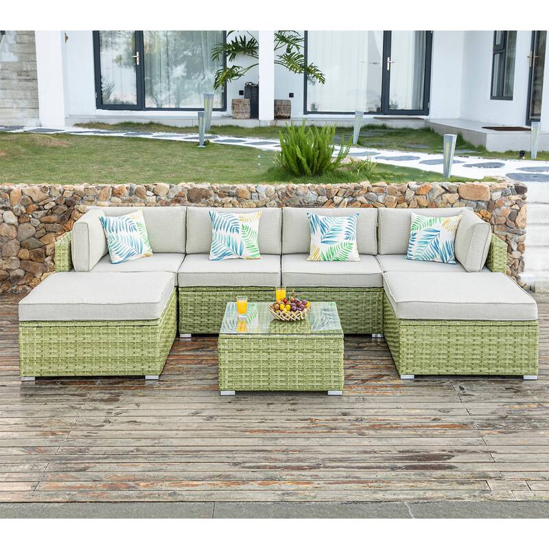 COSIEST 7-Piece Outdoor Patio Wicker Sectional Sofa with Coffee Table - LightOliveWicker+BeigeCushion