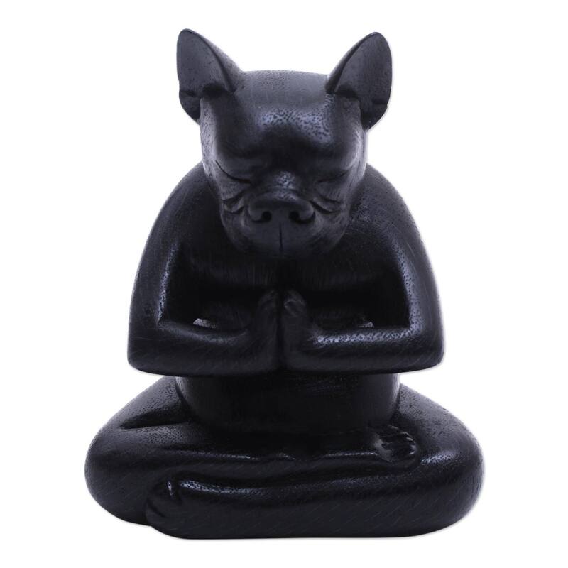 Novica Handmade Yoga Boston Terrier In Black Wood Statuette
