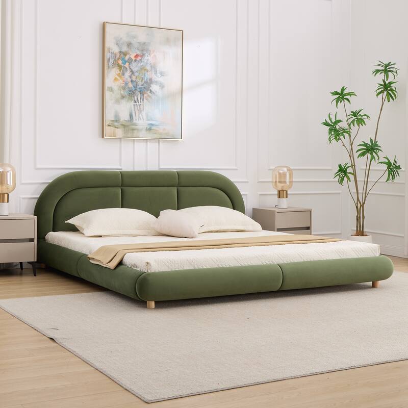 King Size Velvet Upholstered Platform Bed with Curved Headboard