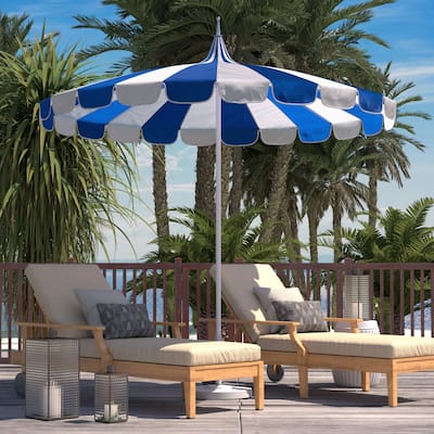 California Umbrella 8.5' Pagoda Series Patio Umbrella White Aluminum Steel Wire Ribs Push Lift Pacific Blue and Natural