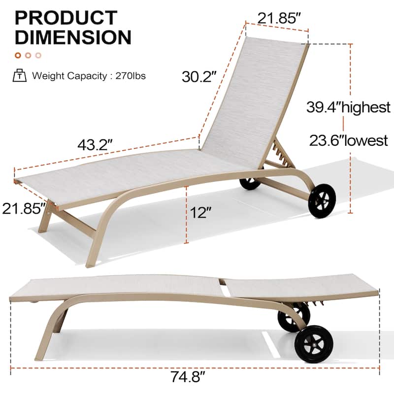 Outdoor Chaise Lounge Chair Pool Lounger with Adjustable Back and Wheels