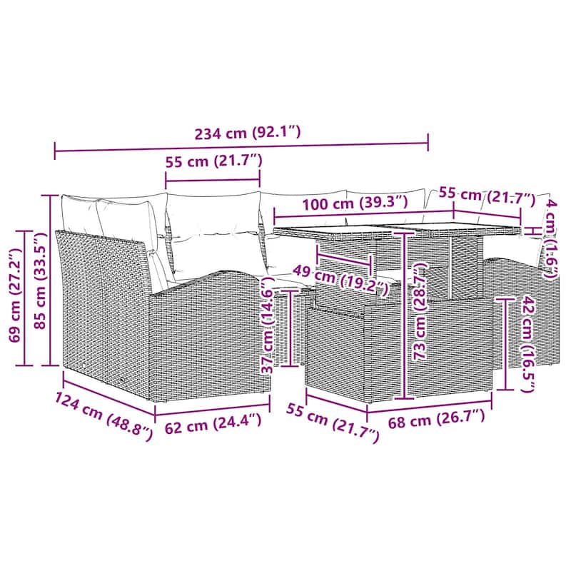 vidaXL 7 Garden Sofa Set with Cushions Black/Brown/Grey Poly Rattan - 92.1 x 48.8 x 27.2