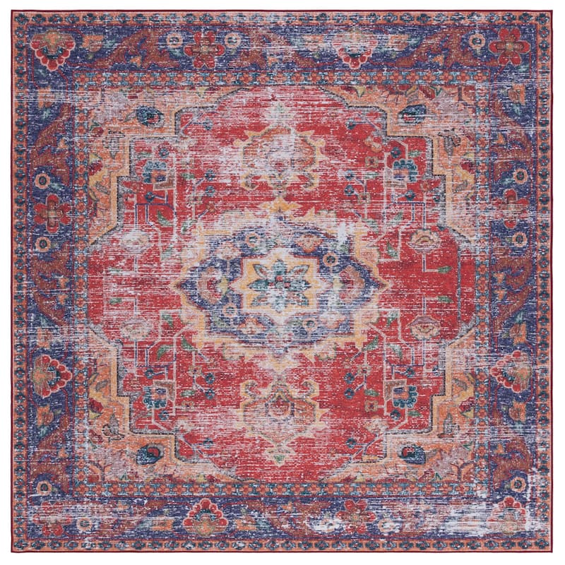 SAFAVIEH Tucson Machine Washable Slip Resistant Khulud Traditional Rug - 6' Square - Red/Navy