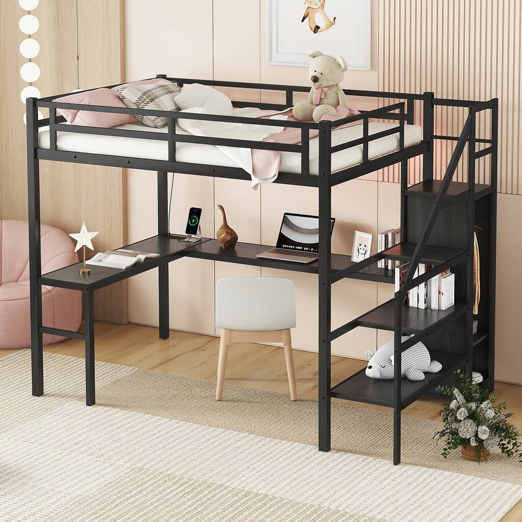 Full XL Size Metal Loft Bed with Wardrobe,Adjustable Shelf,L-shaped Desk and USB