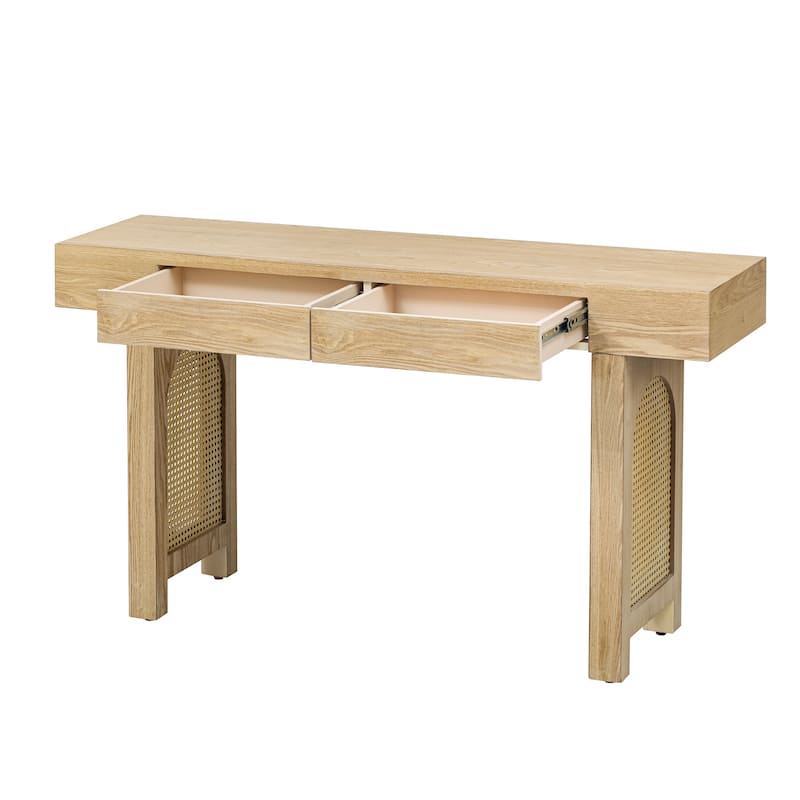 Rattan Accent Console Table with Two Drawers Natural Wood Veneer Bohemian Entryway Living Room Hallway Furniture