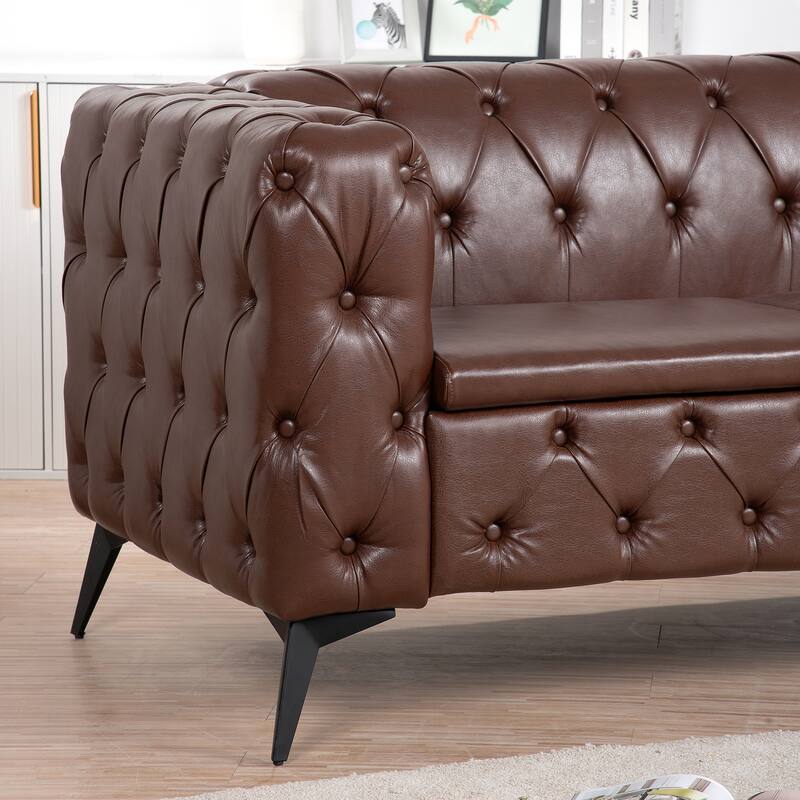 PU Leather Upholstered 3 Seater Sofa, Tufted Sofa with Removable Cushions & Square Arms, Lounge Sofa Chair with Iron Legs
