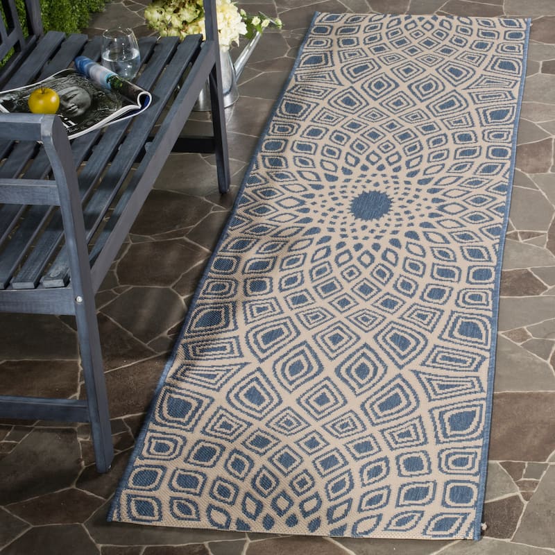 SAFAVIEH Courtyard Misako Indoor/ Outdoor Waterproof Patio Backyard Rug - 2'3" x 8' Runner - Blue/Beige