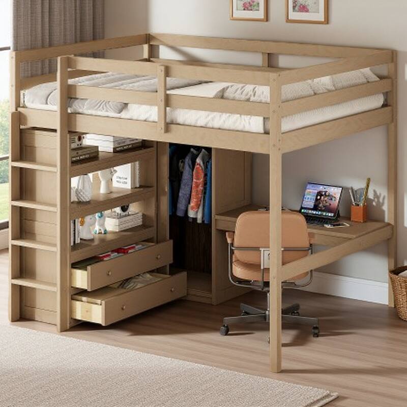 Full Size Wooden Loft Bed with Closet, Integrated Desk, Bookshelves, Drawers & Safety Ladder - Walnut