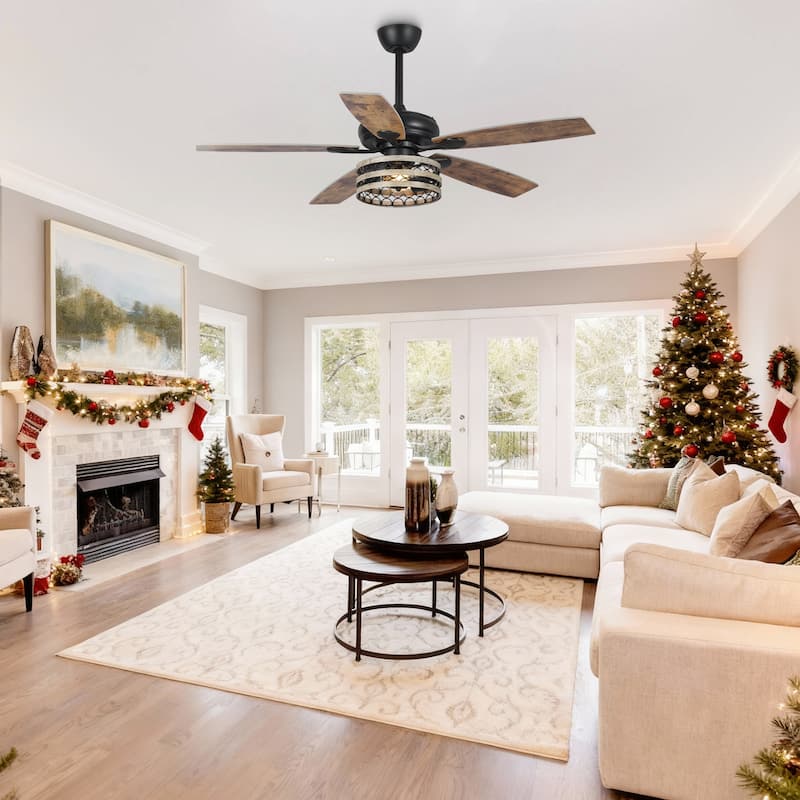 Parrot Uncle 52" Farmhouse Driftwood 5-Blade Black Caged Ceiling Fan with Remote
