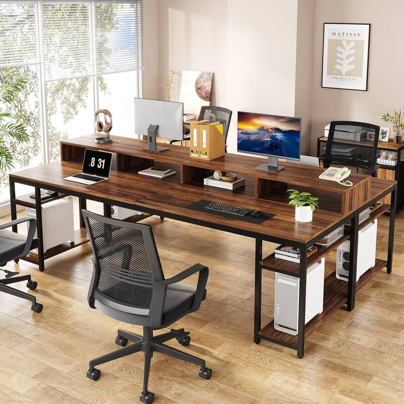 2 people Desk with Monitor Stand, 78" Office Desk with Storage Shelves (Rustic Brown)