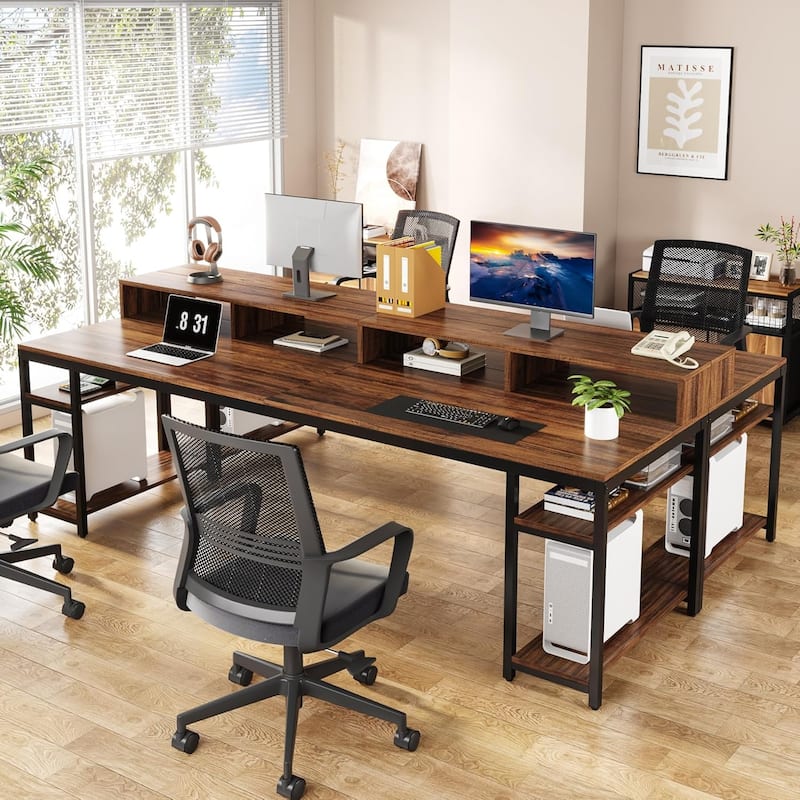 Two Person Desk with Monitor Stand,78.74"Long Double Computer Office Desk with Storage Shelves,Large Writing Table Workstation