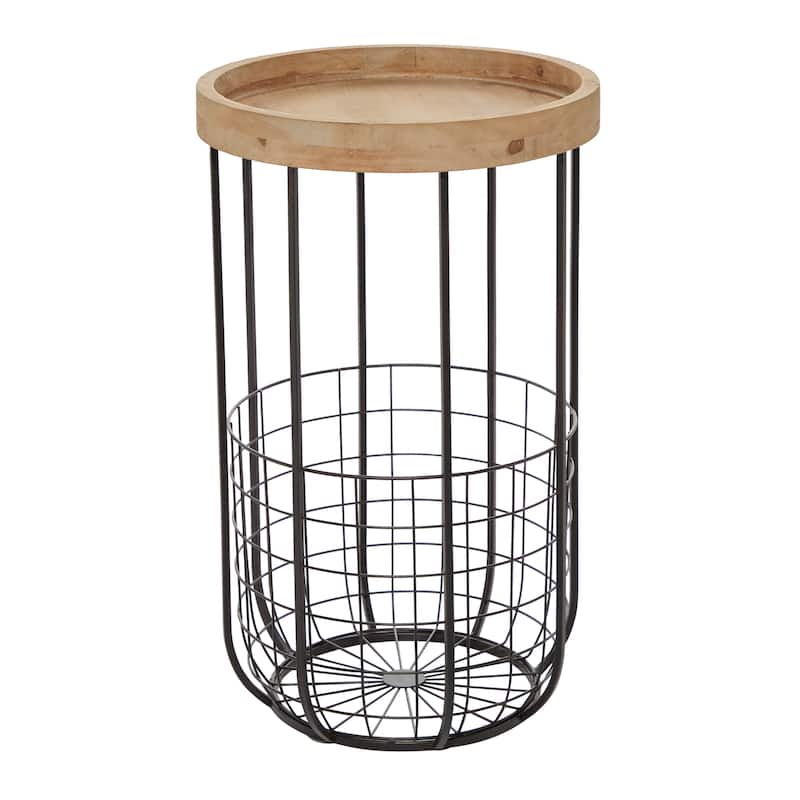 Metal Accent Table with Brown Wood Top and Wire Basket Storage - Black - Roche River Decor - 16"W x 16"L x 26"H