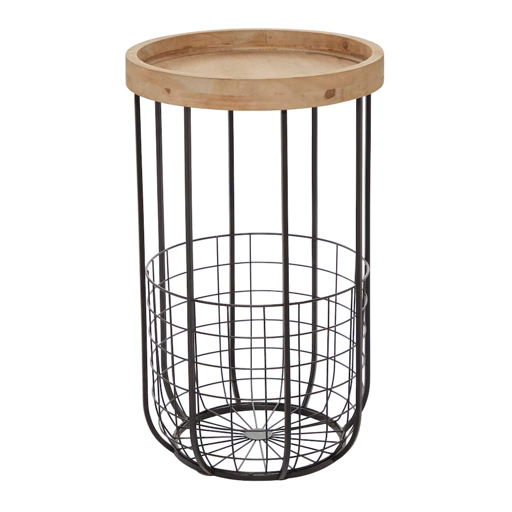 Metal Accent Table with Brown Wood Top and Wire Basket Storage - Black - Roche River Decor - 16"W x 16"L x 26"H