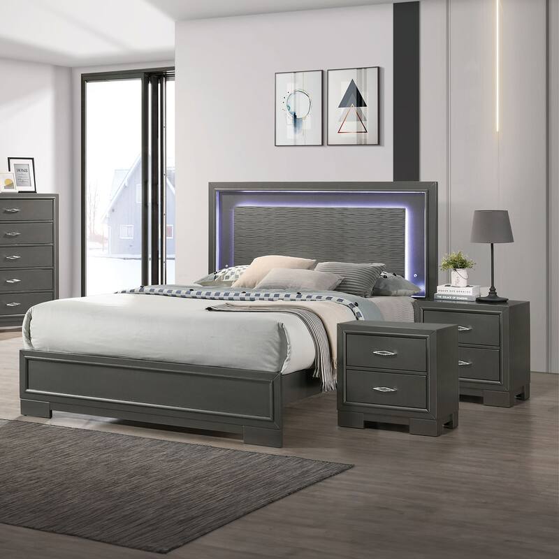 Furniture of America Lalt Modern 3-Piece Metallic Grey Wood Panel Bedroom Set with LED Light - Full