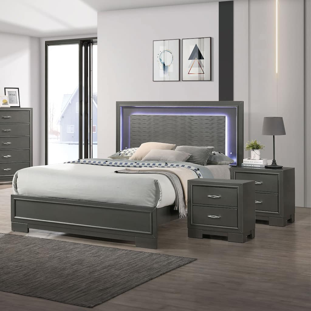 Furniture of America Lalt Modern 3-Piece Metallic Grey Wood Panel Bedroom Set with LED Light