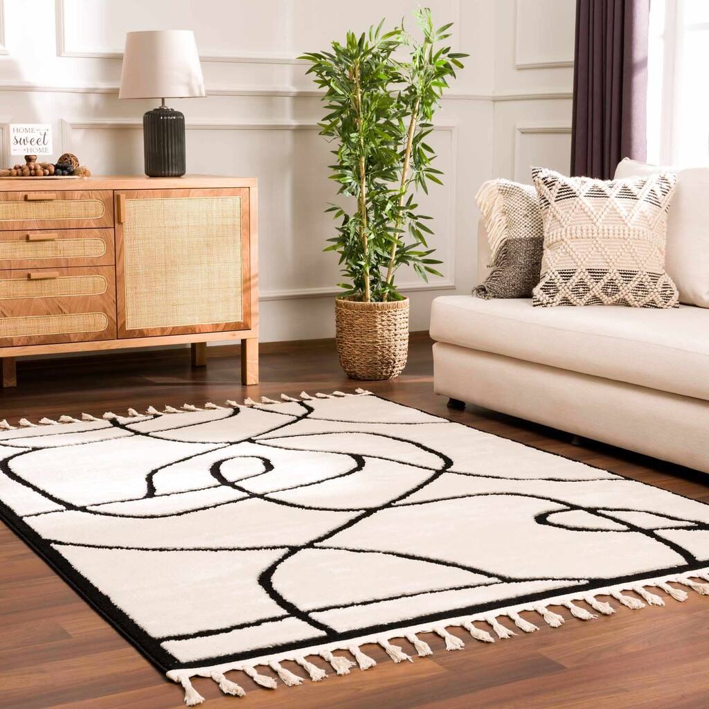 Hauteloom Azana Living Room, Bedroom Area Rug - Farmhouse - High Pile - Bone,Black - 5'3" x 7'