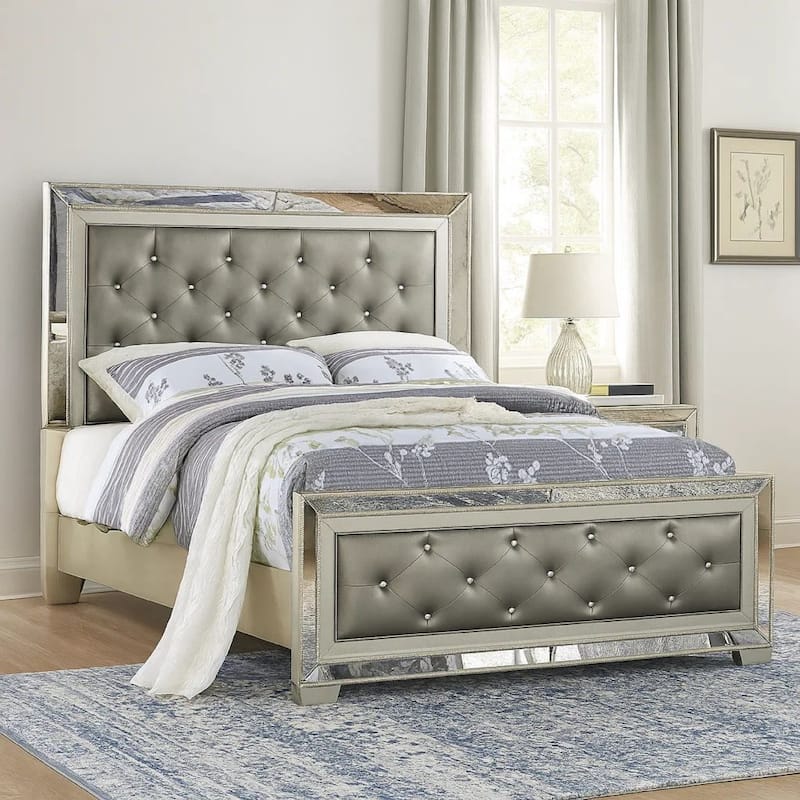 Reva California King Bed with Mirror Inlay, Upholstered Gray Faux Leather