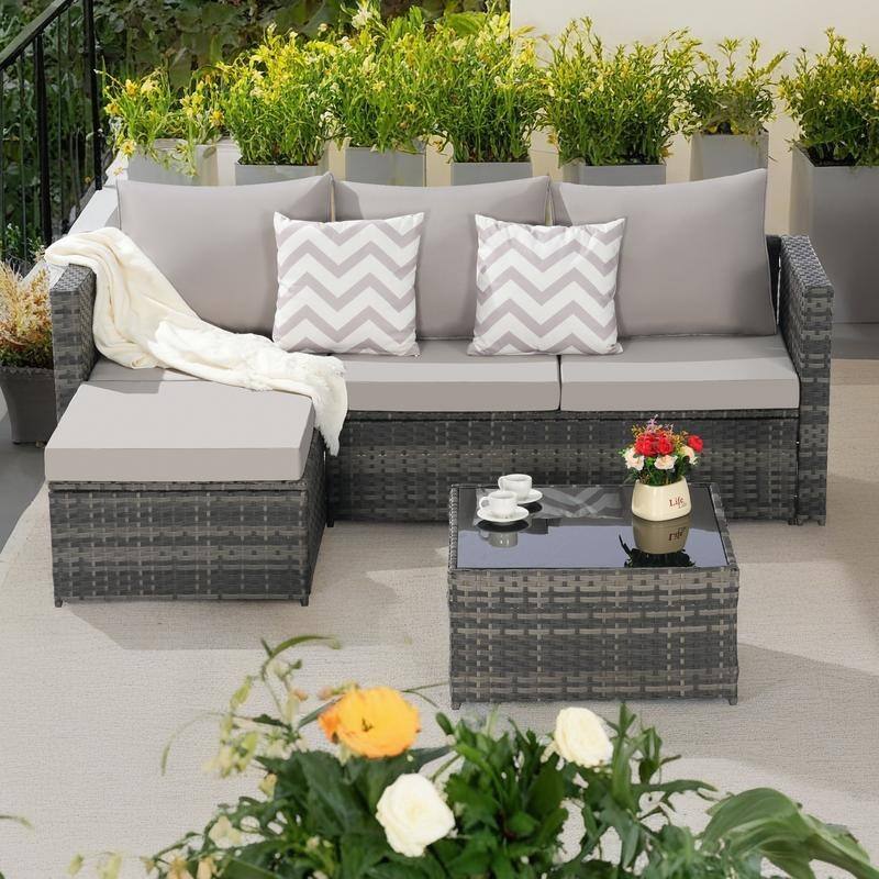 2-Pieces Outdoor Patio L-Shaped Sectional Sofa Set with Glass Coffee Table - Light Gray