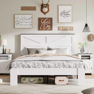 Full Bed Frame Headboard Wood Platform Noise Free White Under Bed Storage No Box Spring Easy Assembly