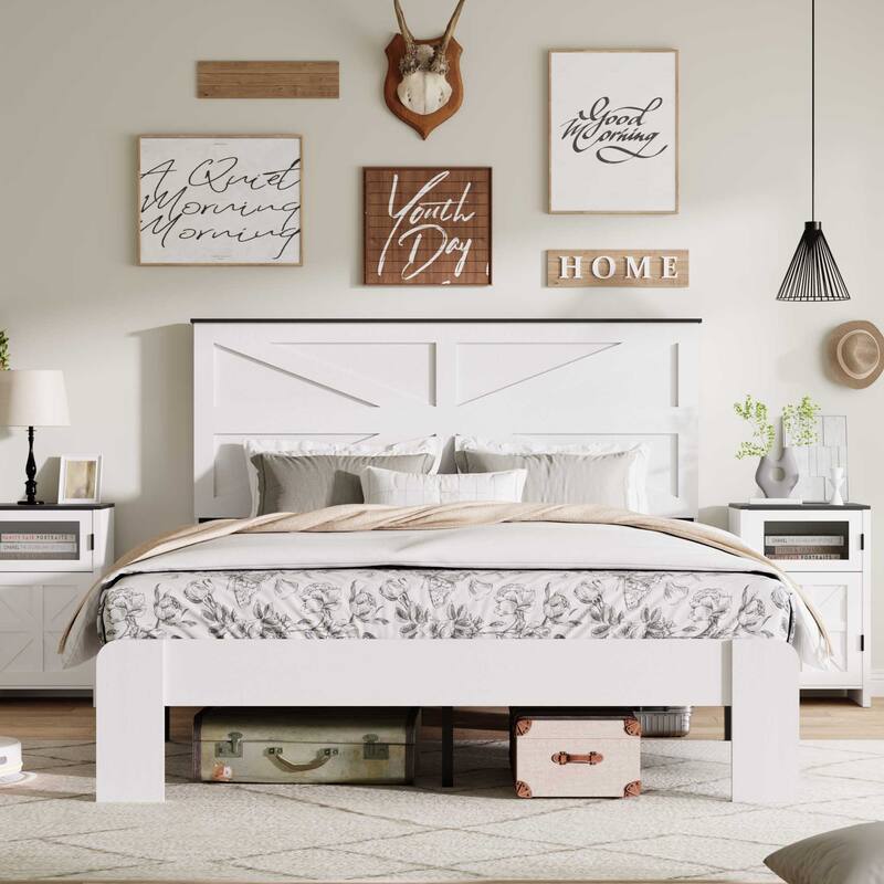Full Wood Platform Bed Frame Headboard,Noise Free,No Box Spring Needed and Easy Assembly Tool,Large Under Bed Storage - White