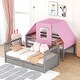 preview thumbnail 3 of 7, Gray+Pink Twin Over Twin Solid Pine Wood House-Shaped Bunk Bed with Tent, Drawers, Convertible to 2 Beds