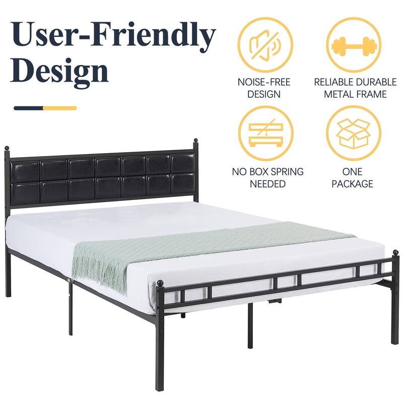 Javlergo Metal Platform Bed Frame Black PU Leather Square Tufted Bed Heavy-Duty Metal Bed Frame No Box Spring Needed