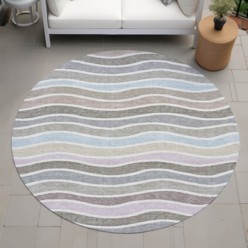 Machine Washable Indoor/ Outdoor Contemporary Stripe Chantille Rug - Tan - 8' x 8'