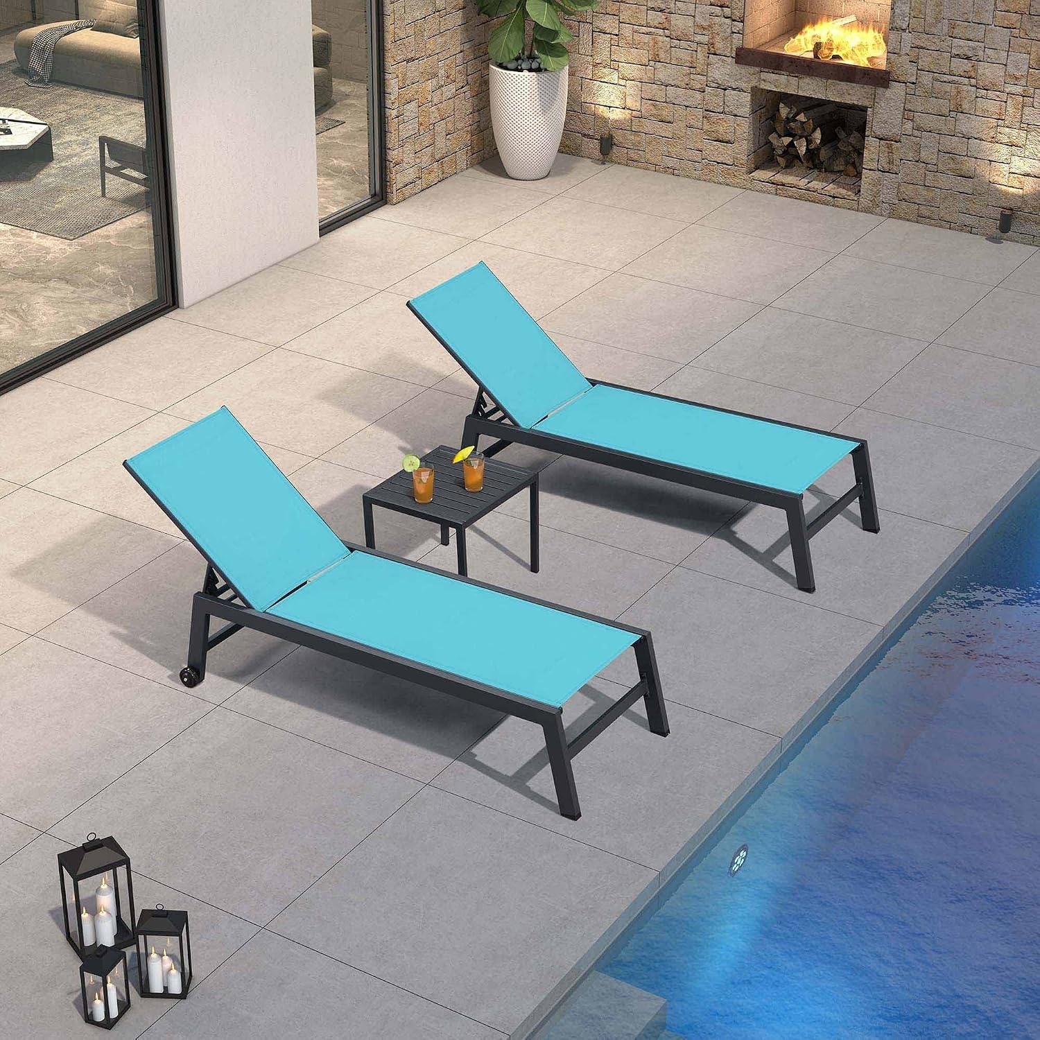 PURPLE LEAF Adjustable Patio Chaise Lounge Set 2 Pieces Lounge Chairs with Wheels and Side Table