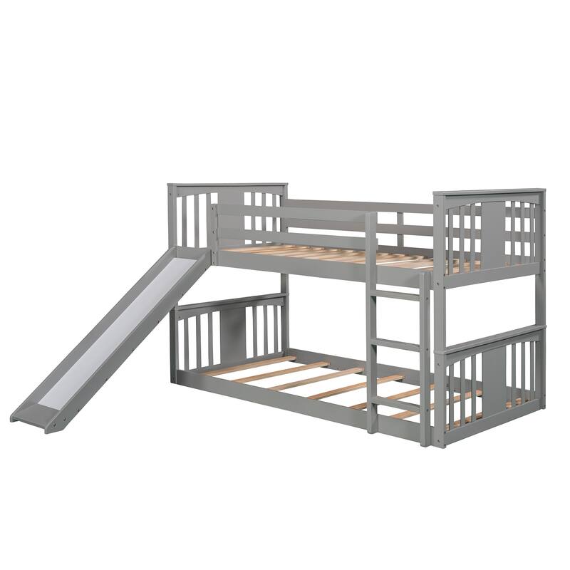Twin over Twin Size Solid Wood Bunk Bed with Ladder, Slide and Fence for Kids, Bedroom