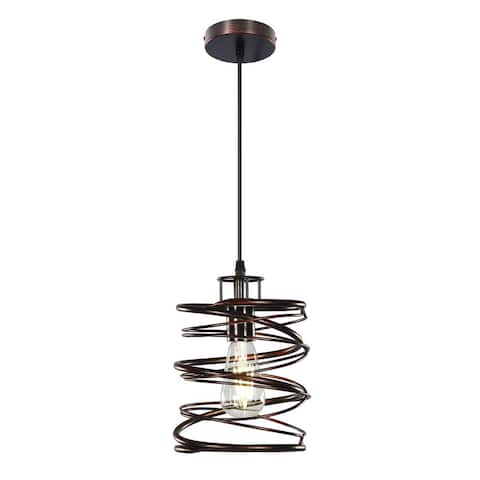 7.1" 1-Light Antique Bronze Industrial Pendant Light with Spiral Iron Open Cage Shade - Antique Bronze